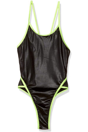 [94943]光沢スーパーウエット2WAYストレッチ ハイレグTバック競泳水着 / ブラック | ライムグリーン